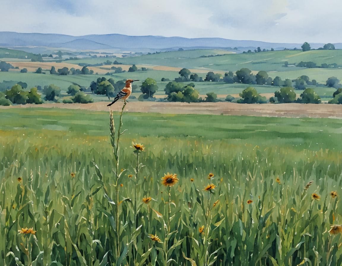 Hoopoe Bird in Sunlit Sunflower Field, Watercolor