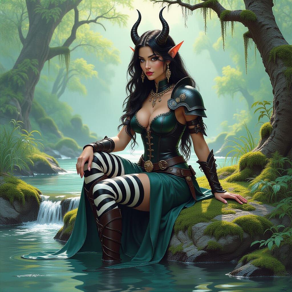 Tiefling Woman in Zebra Skin, Fantasy Art Style