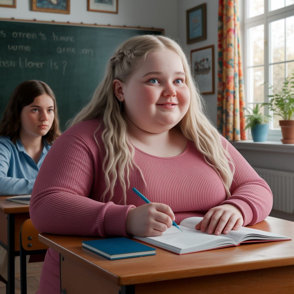 Hyperrealistic Portrait of a Happy French Girl in a Cozy Cla...