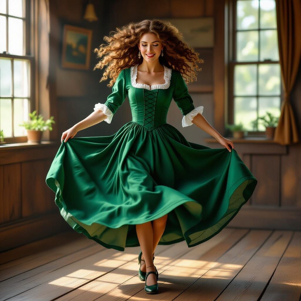 Irish Woman Dancing Jig in Photorealistic Style