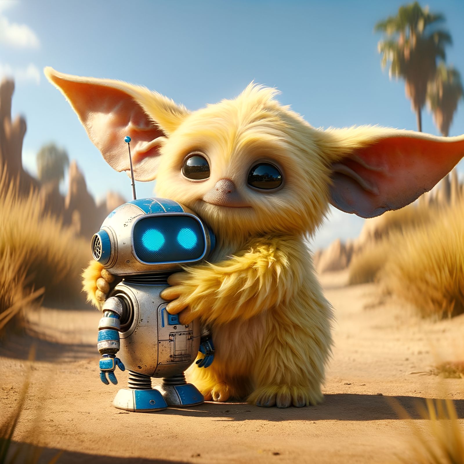 Furry Creature Hugging Robot on Sunny Day