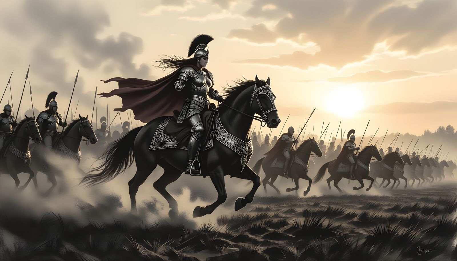 Female Captain Leads Army in Realistic Charcoal Drawing