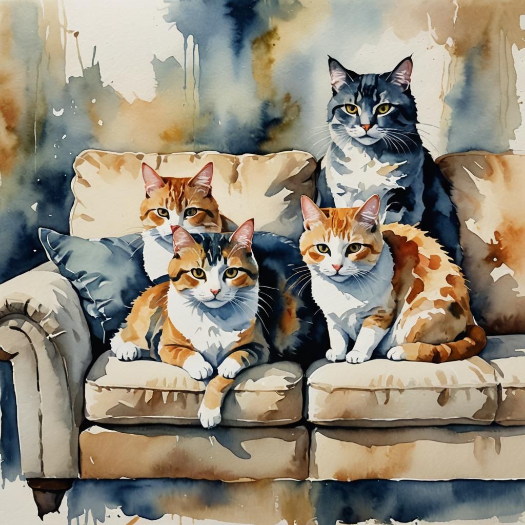 Abstract Watercolor Cats Relaxing on Sofa