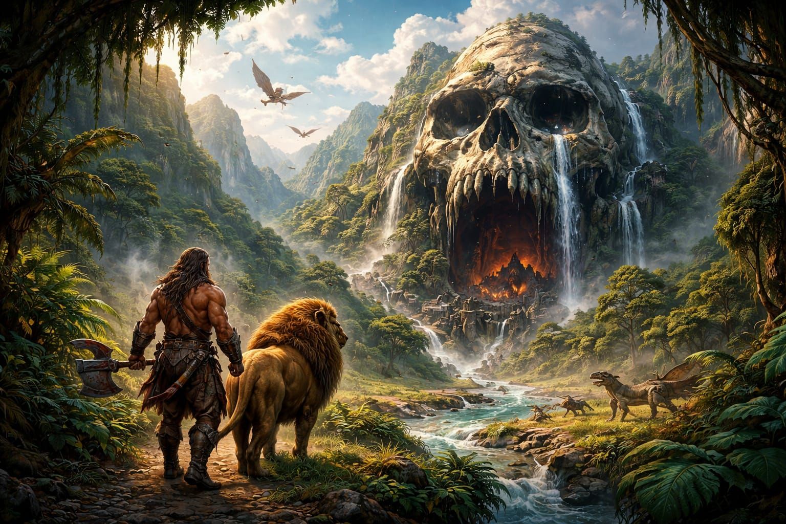 Barbarian and Lion Enter Skull Mountain Jungle