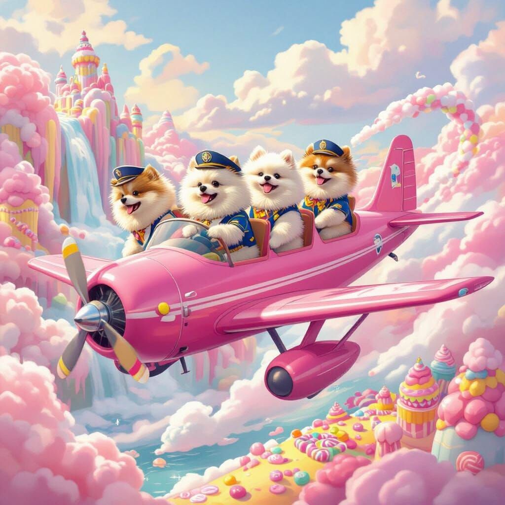 Pomeranian Pilots Fly Candy Plane Over Cotton Candy Waterfal...