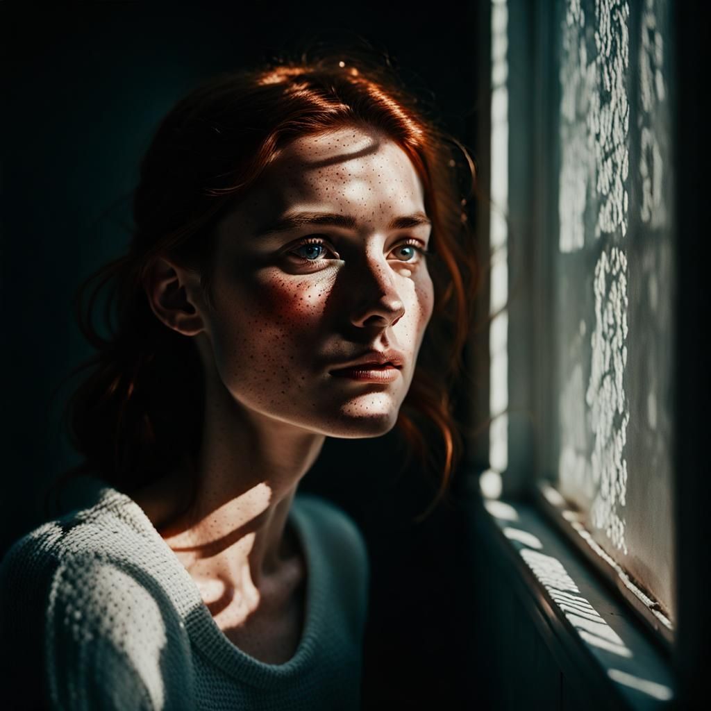 Freckled Woman Portrait with Light and Shadow Play