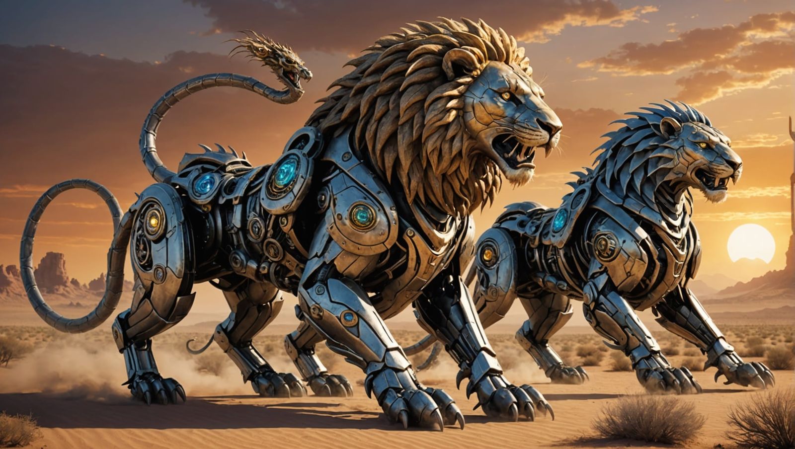 Mechanical Lions vs Snakes in Post-Apocalyptic Battle