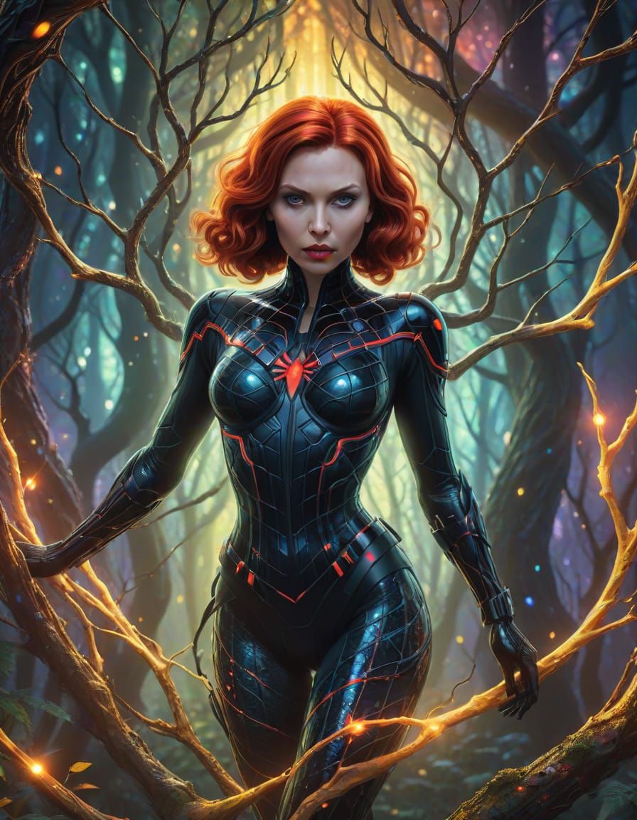 Surreal Black Widow in Magical Forest