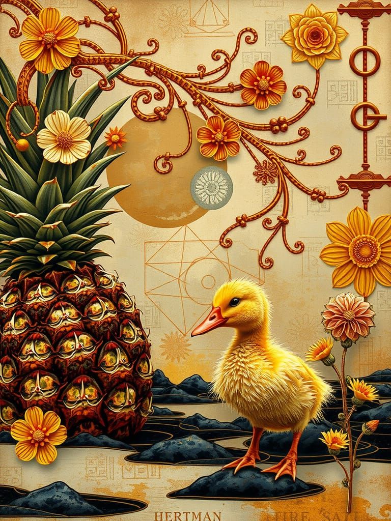 Duckling and Pineapple in Surreal Kintsugi Landscape