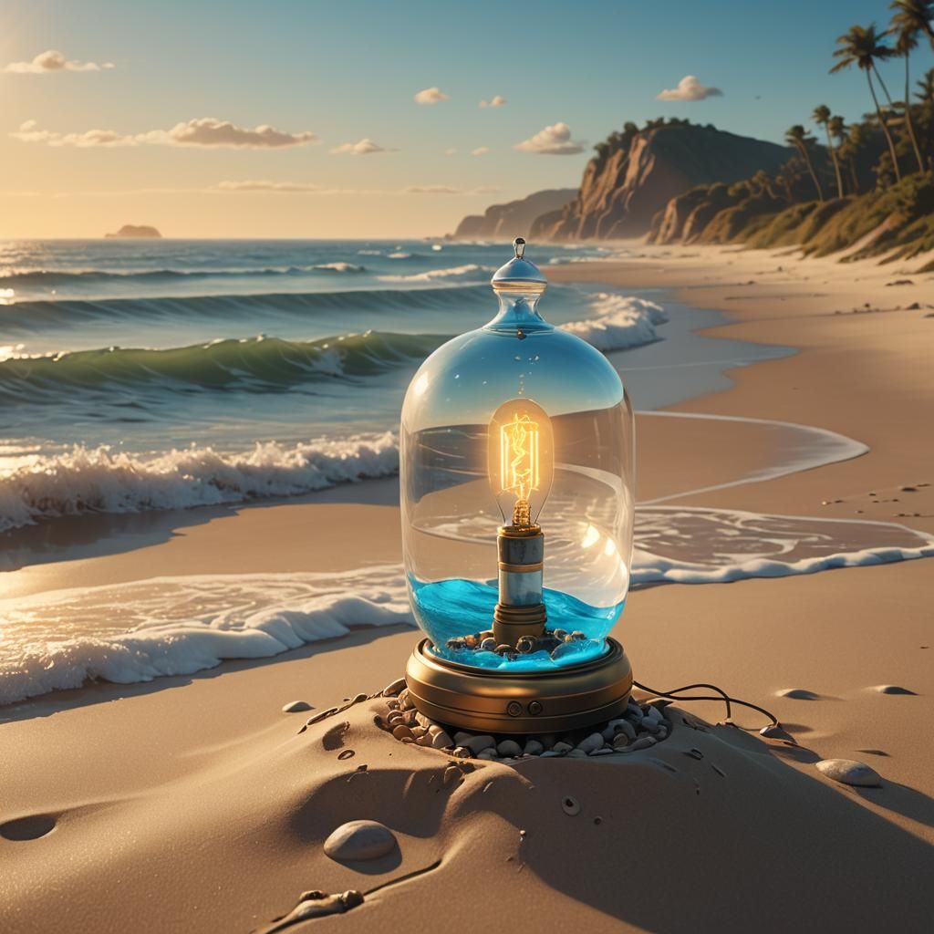 Glowing Ocean Lamp on Sandy Beach: Digital Matte Painting