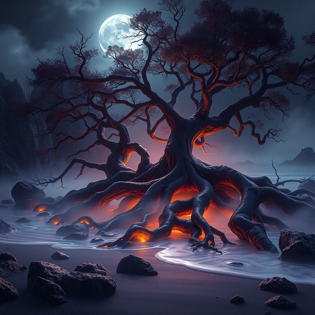 Moonlit Beachscape in Dark Fantasy Style