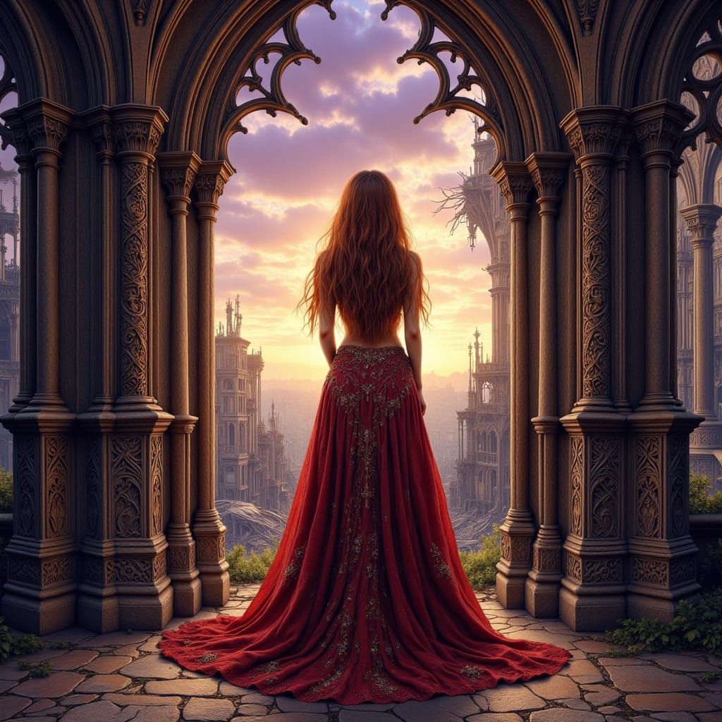 Woman at Gothic Window Reveals Apocalyptic Landscape