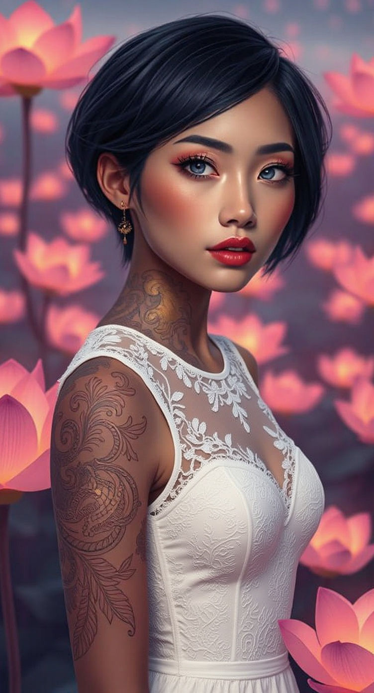 Thai Beauty with Bioluminescent Lotuses, Art Nouveau Style