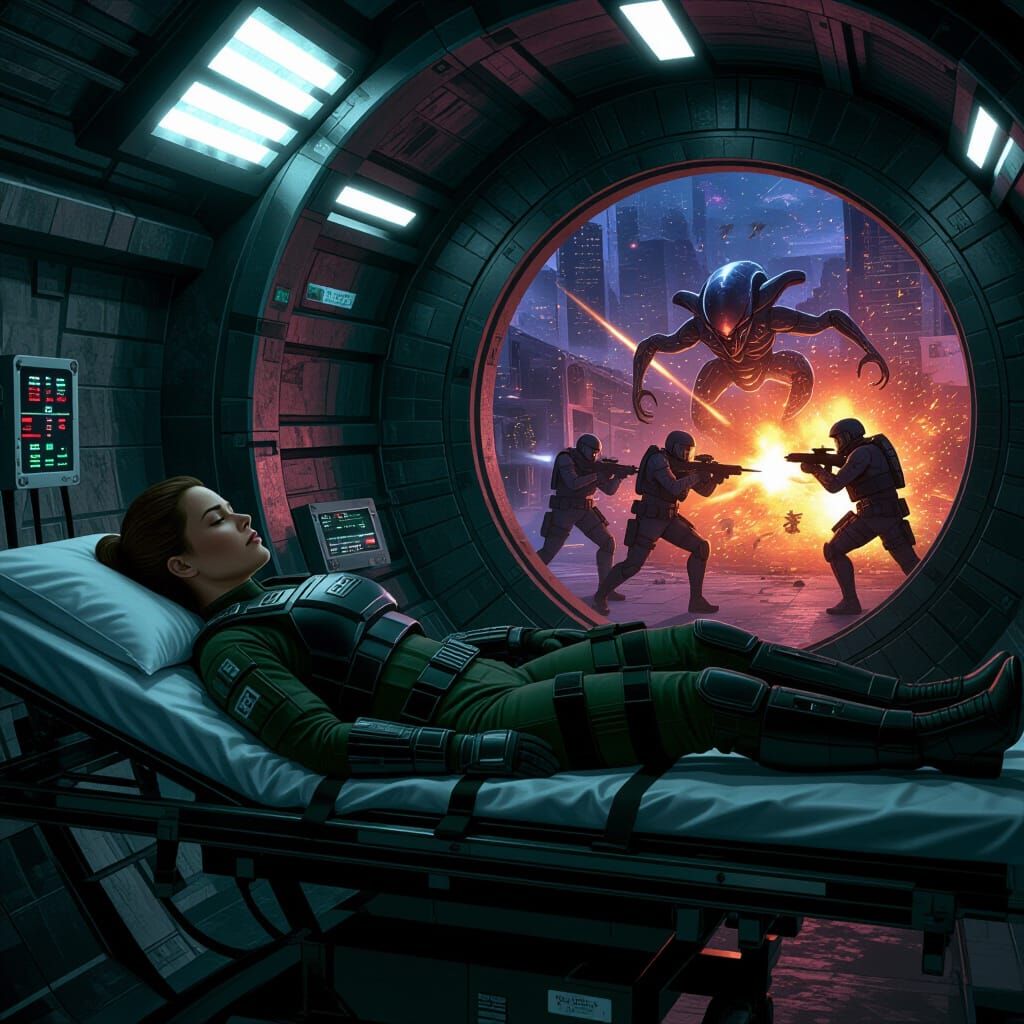 Woman on Gurney in Sci-Fi Base During Alien Fight