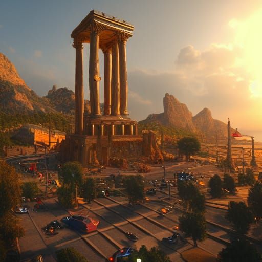 Golden Colossus of Rhodes in Traffic Circle