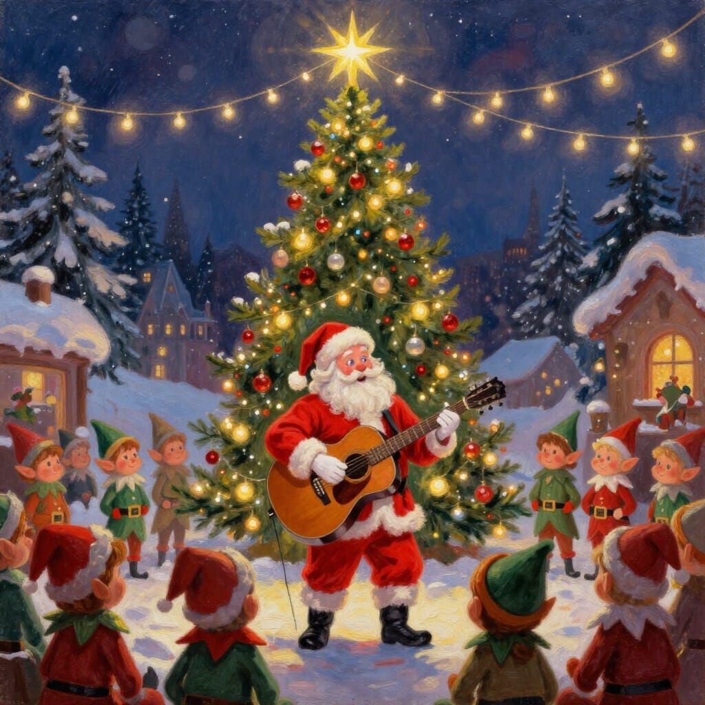 Santa Rocks Out for Elves in Oil Painting Style