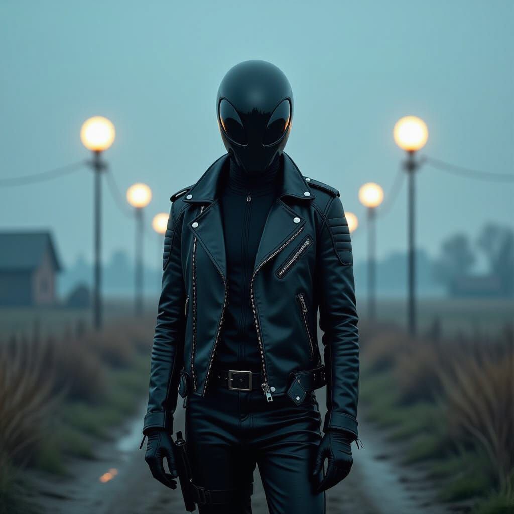 Alien in Leather Jacket: Dark Futuristic Landscape