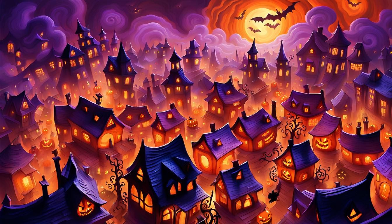 Vibrant Halloween Village in Abstract Expressionism