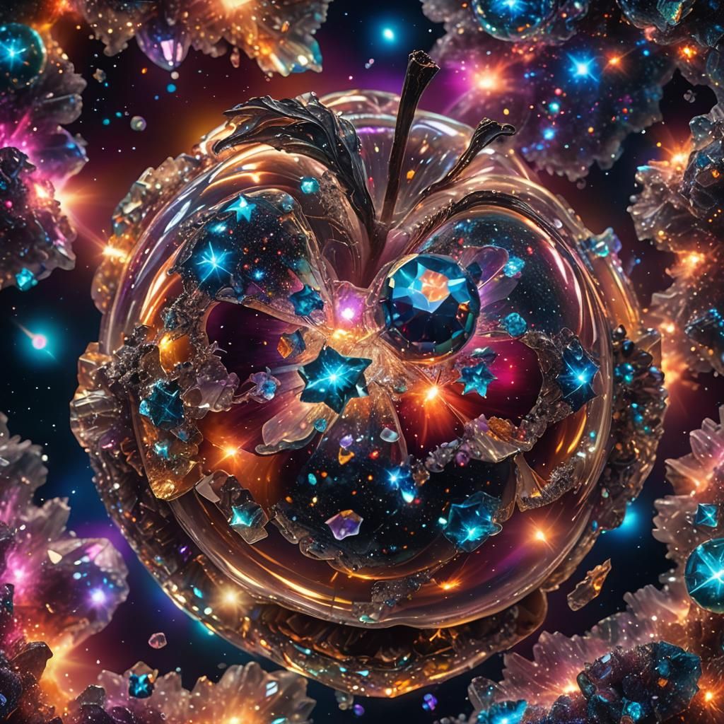 Cosmic Galaxy Inside Crystal Apple: Hyper-Realistic Macro