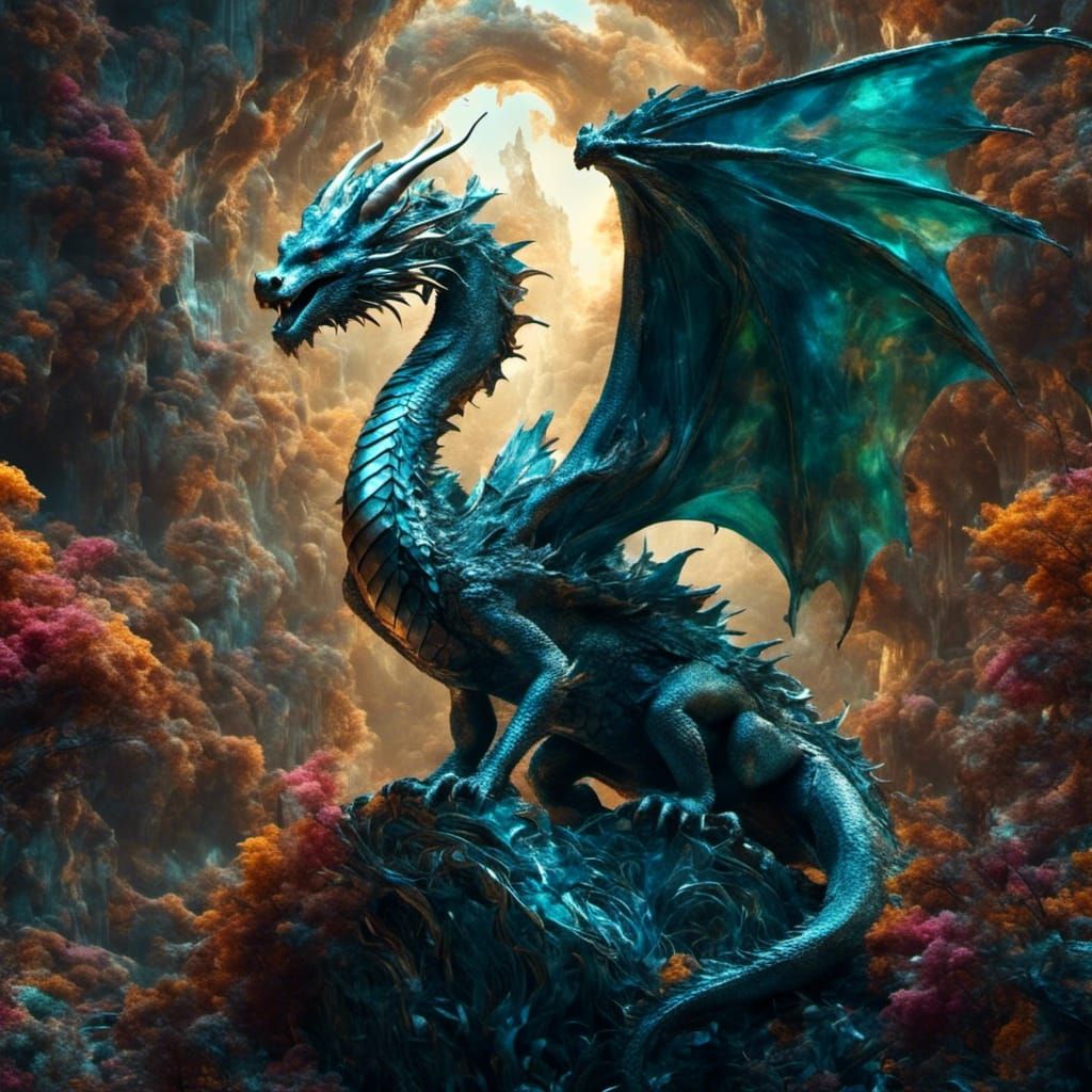 Opulent Peacock Dragon in Art Nouveau Style