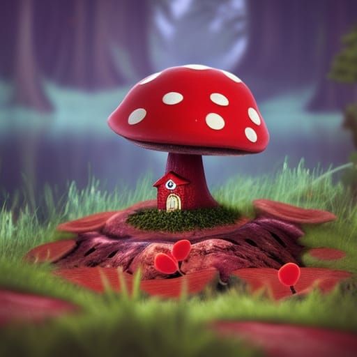 Mushroom Fairy House by Lake, Fantasy Concept Art