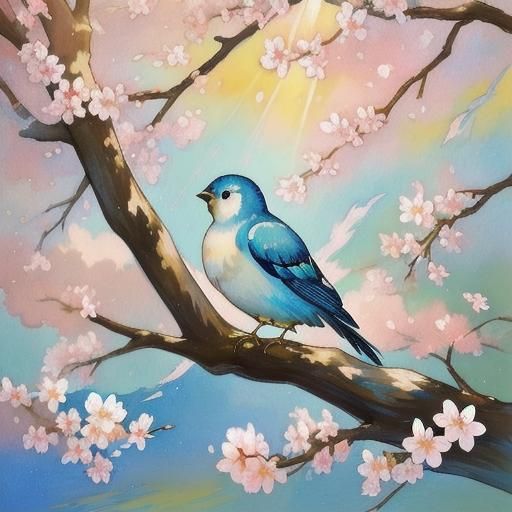 Bird and Cherry Blossoms in Gouache Style