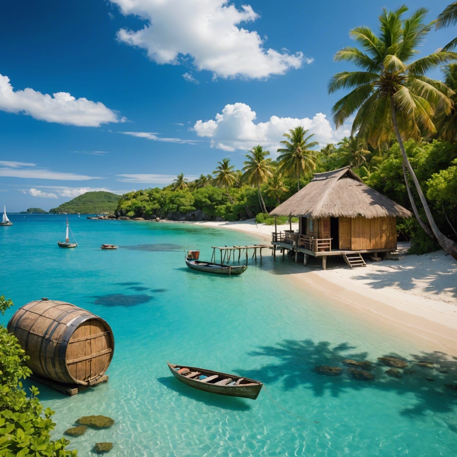 Tranquil Beach Scene with Rustic Hut and Sailboat