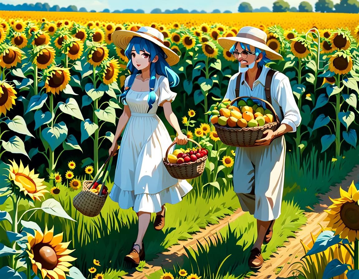 Girl with Fruit Basket in Sunflower Field, 2D Art