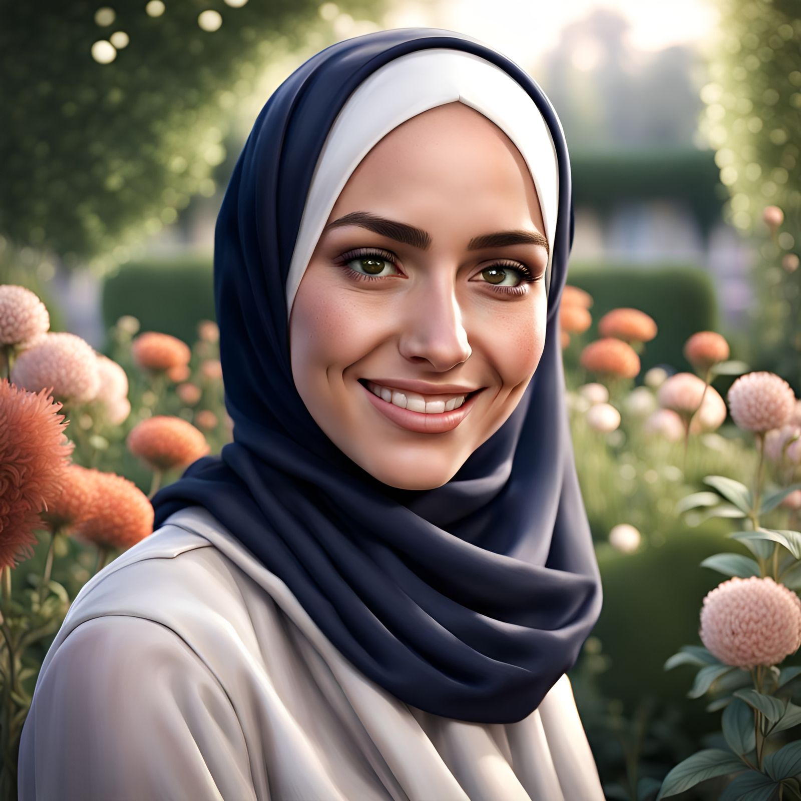 German Girl with Hijab Smiling in Garden, Hyperreal