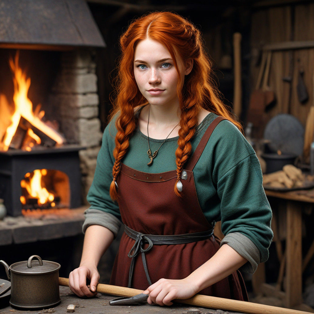 Viking Girl Crafts by Fireplace in Nordic Post-Impressionist...