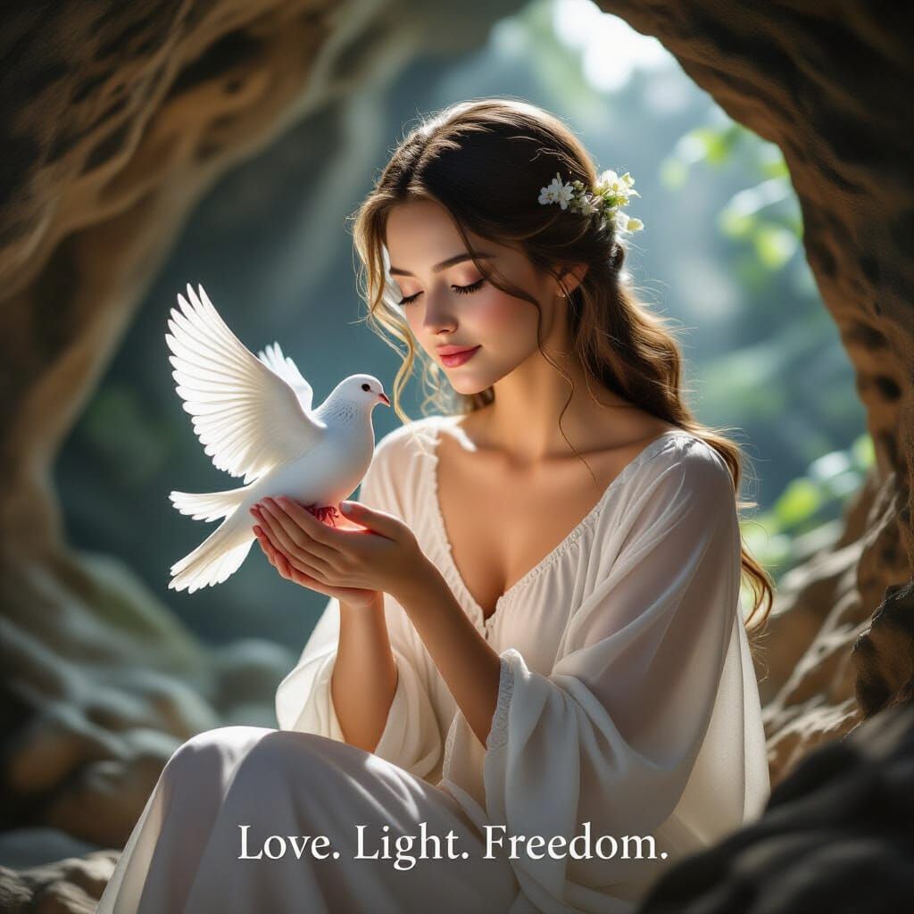 Woman Holding White Dove in Serene Cave