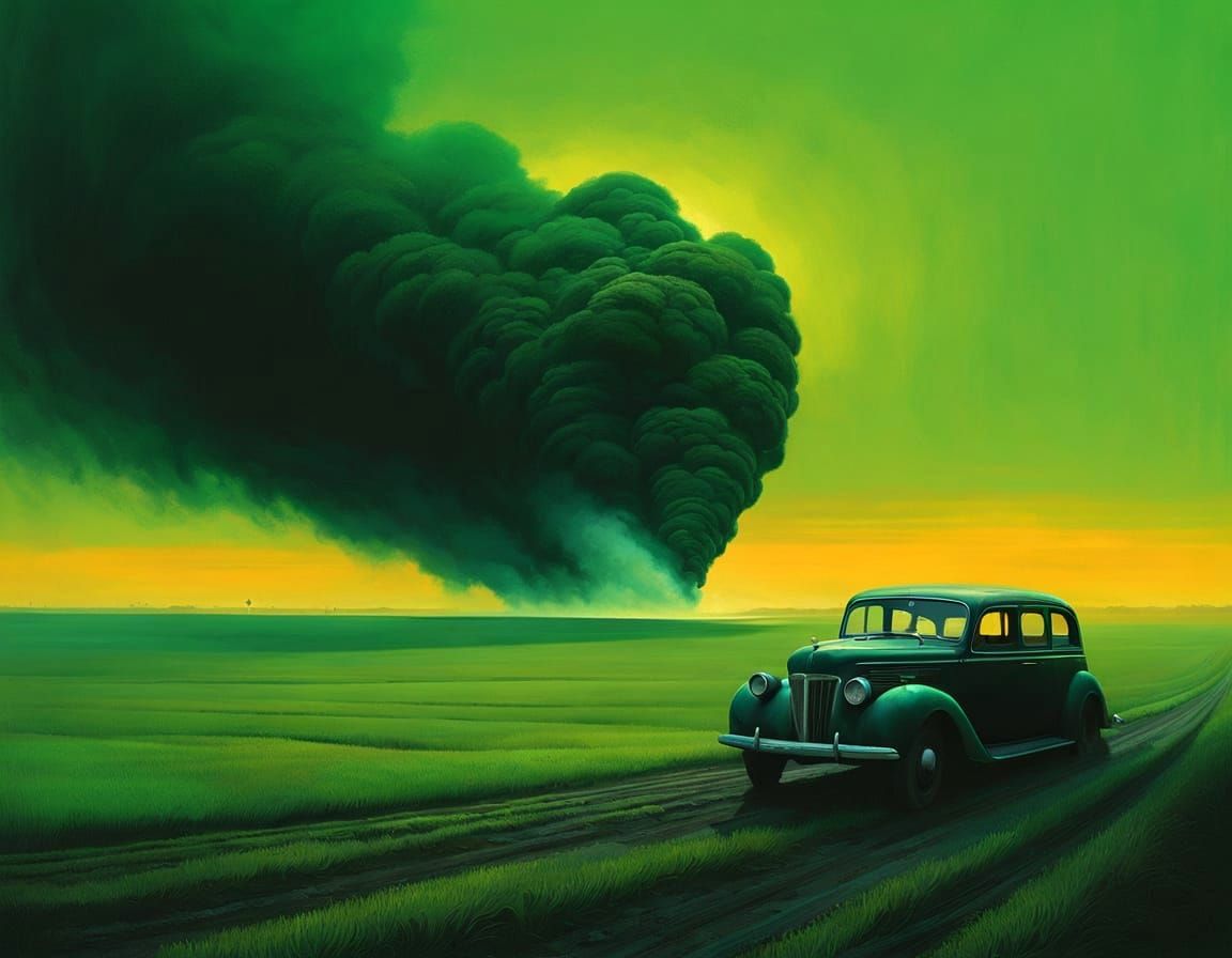 Surreal Green Fields with Smoke in Beksiński Style