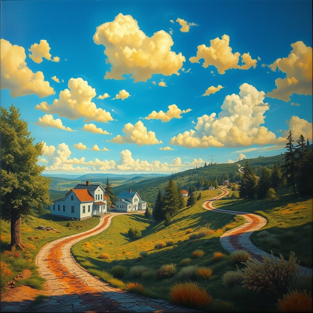 Surreal Village Landscape Oil Painting with Yellow Clouds