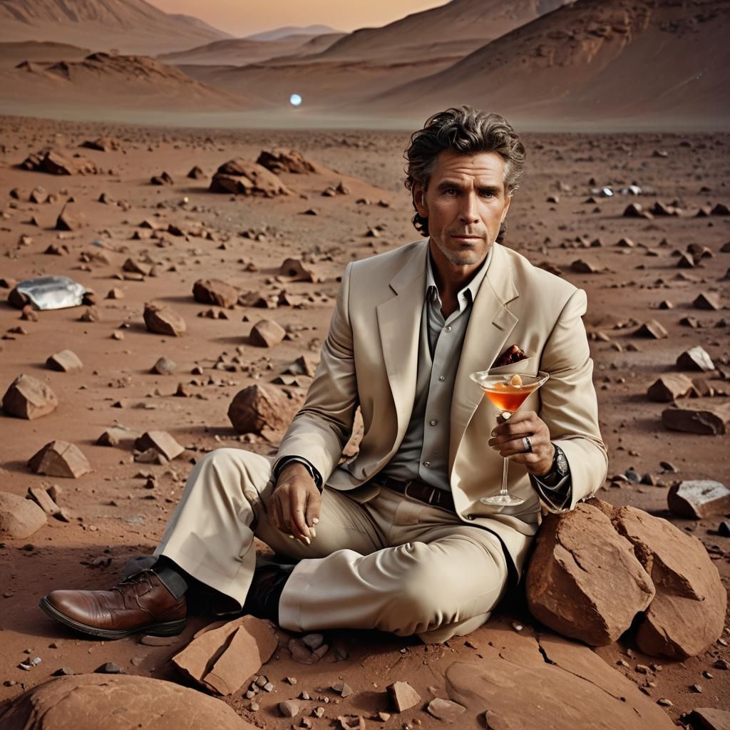 Singer on Mars with Martini, High-Fashion Portrait