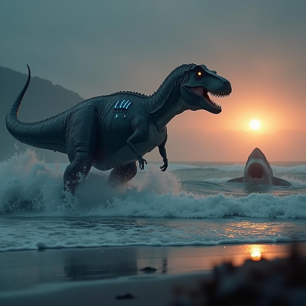 Armored T-Rex Emerges from Surf in Sci-Fi World