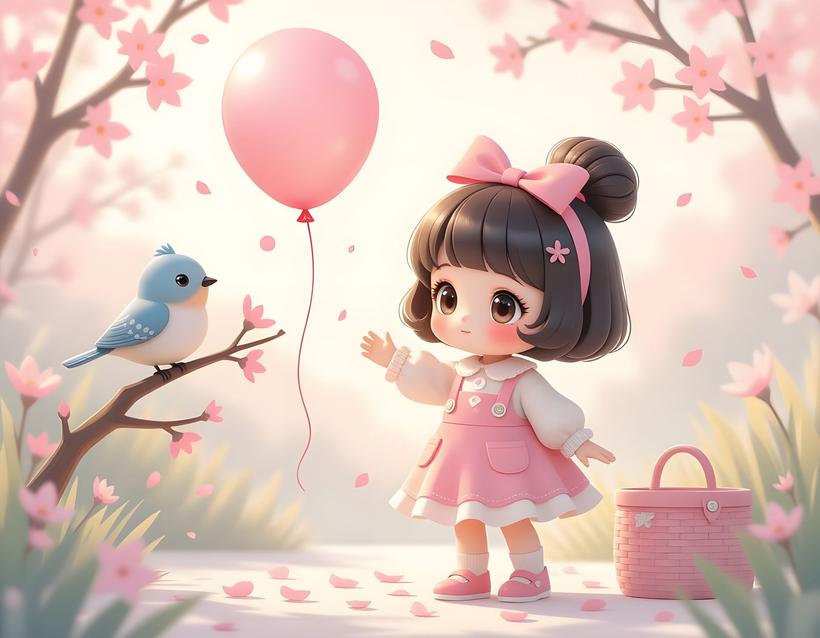 Adorable Doll and Bird Playing, Sumi-e Ink Art