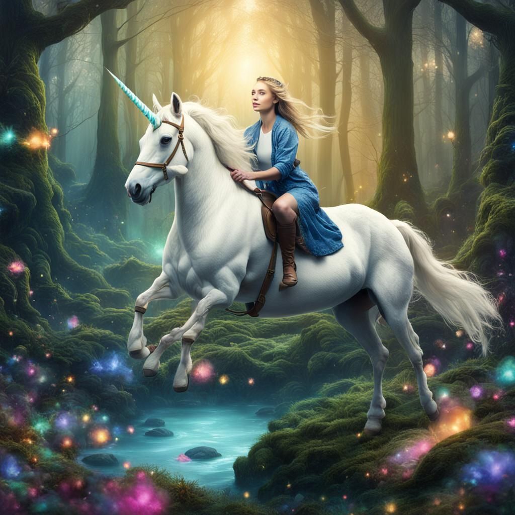 Woman Rides Unicorn in Enchanted Forest