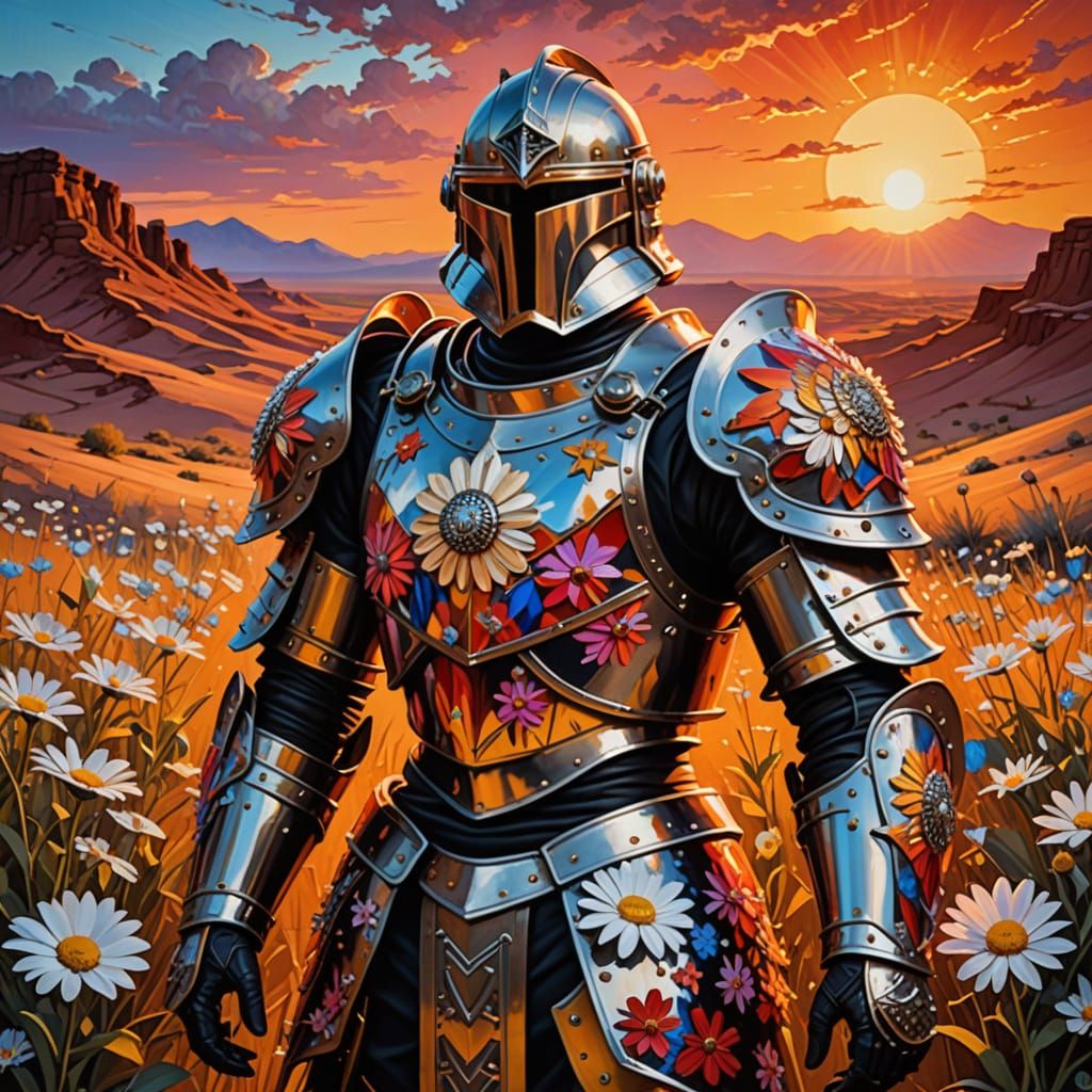 Desert Armor with Daisies: Abstract Oil Painting