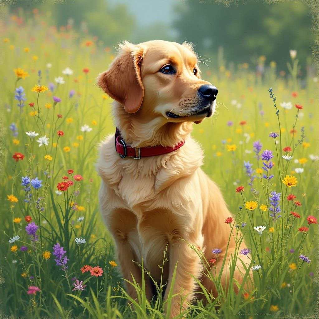 Golden Retriever in Meadow, Impressionist Digital Art