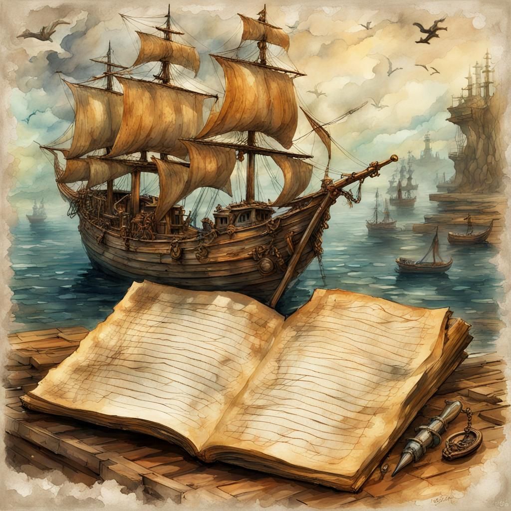 Pirate Ship on Journal Page in Watercolor Style