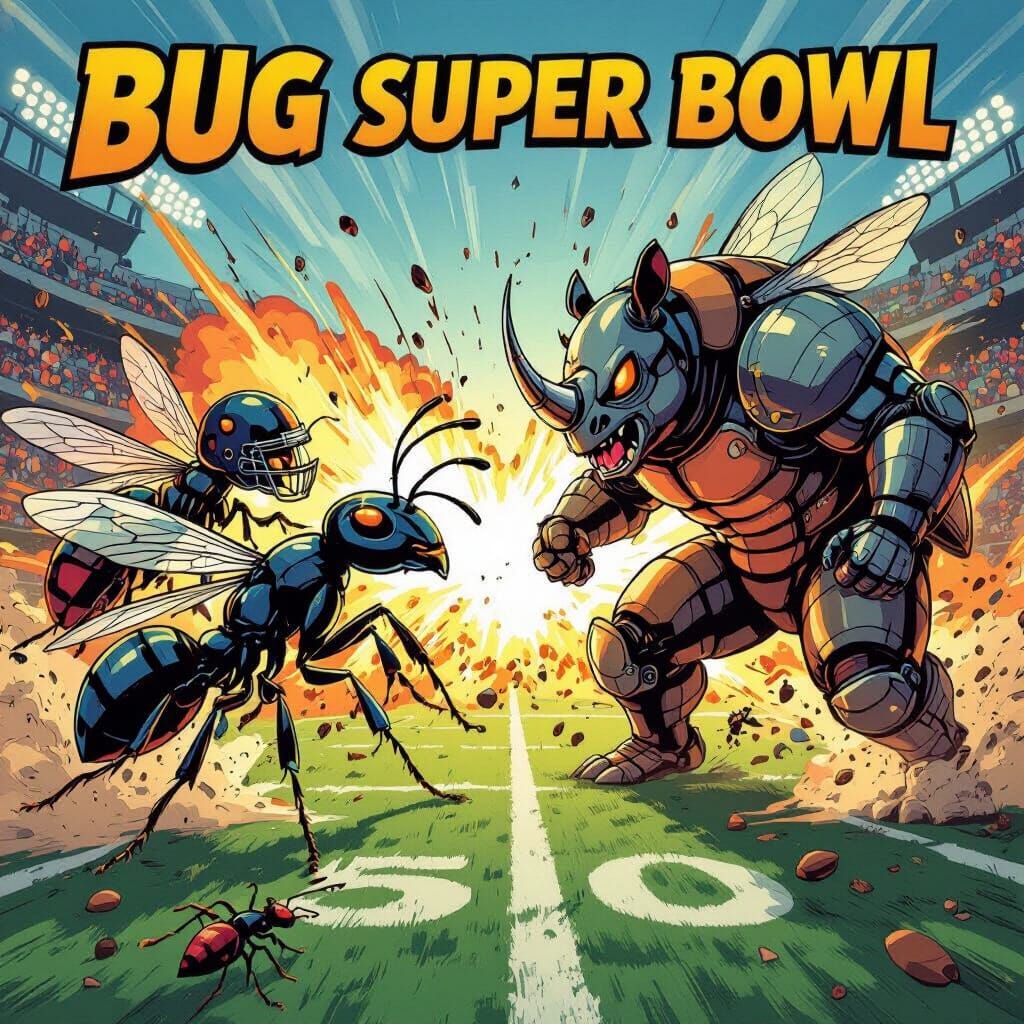 Bug Super Bowl Poster: Ants vs. Rhinos in Comic Style
