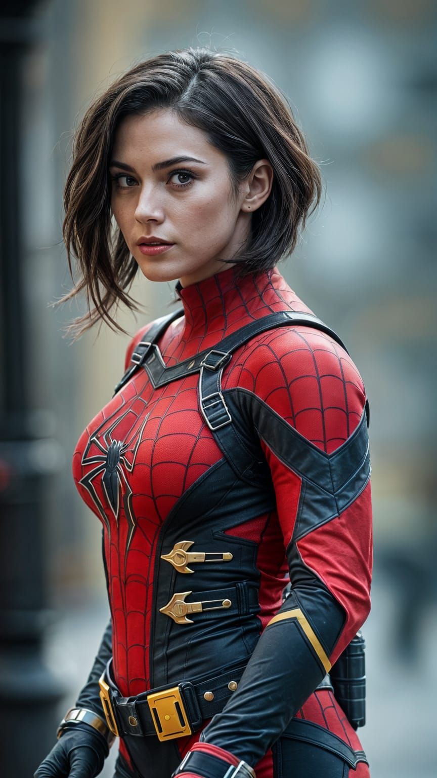 Spider-Woman in Repurposed Military Gear, Sharp Focus