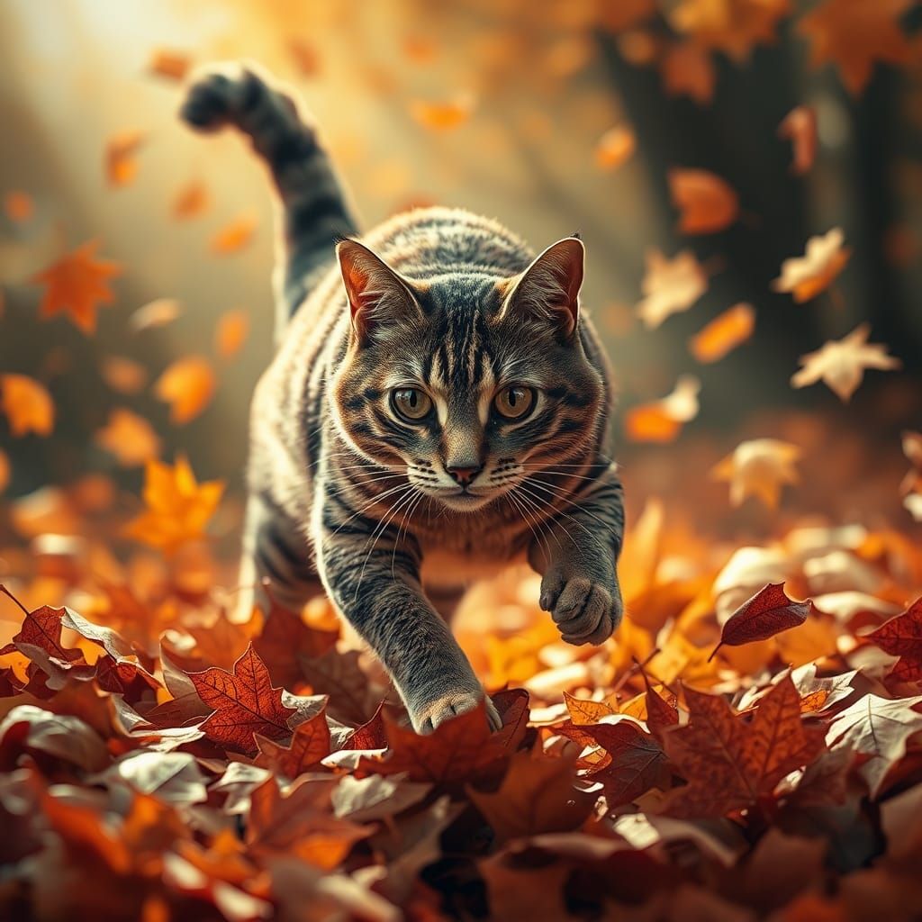 Paper Collage Cat in Autumn Leaves