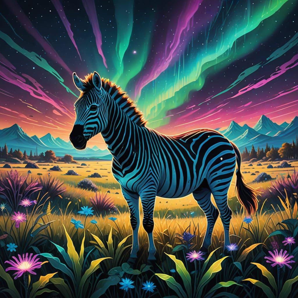 Glowing Zebra in a Bioluminescent Landscape with Swirling Au...