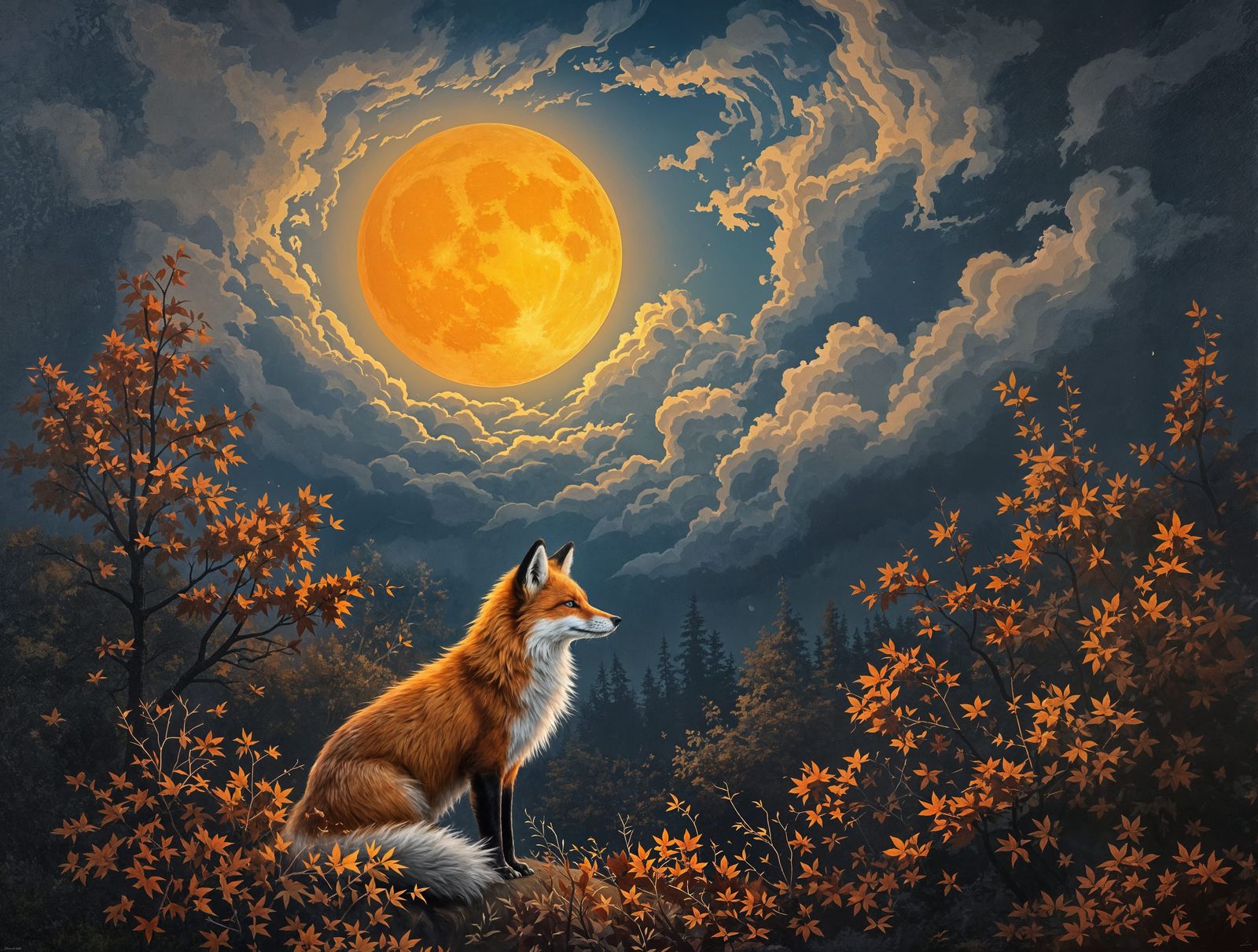Autumn Fox under a Radiant Orange Moon