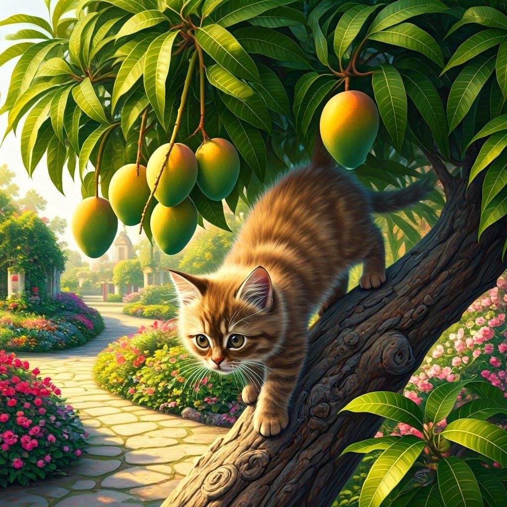 Kitten Climbing Mango Tree in Dreamy Watercolor Style