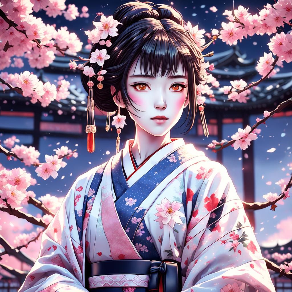 Gorgeous geisha in a cherry blossom patterned kimono By artist "anime", 3d anime art, inspired by WLOP, Artstation, #gen...