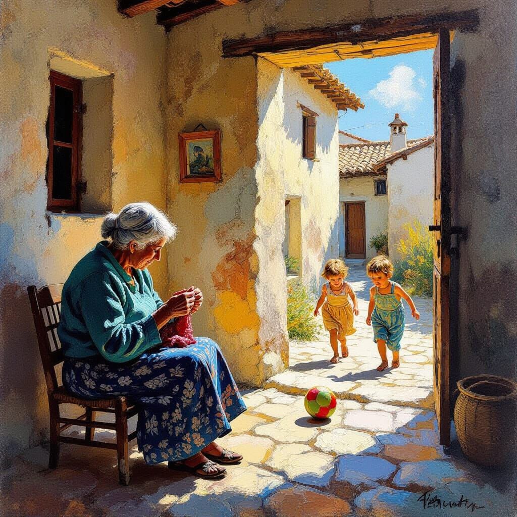 Sicilian Woman and Children in Dreamlike Impressionist Villa...