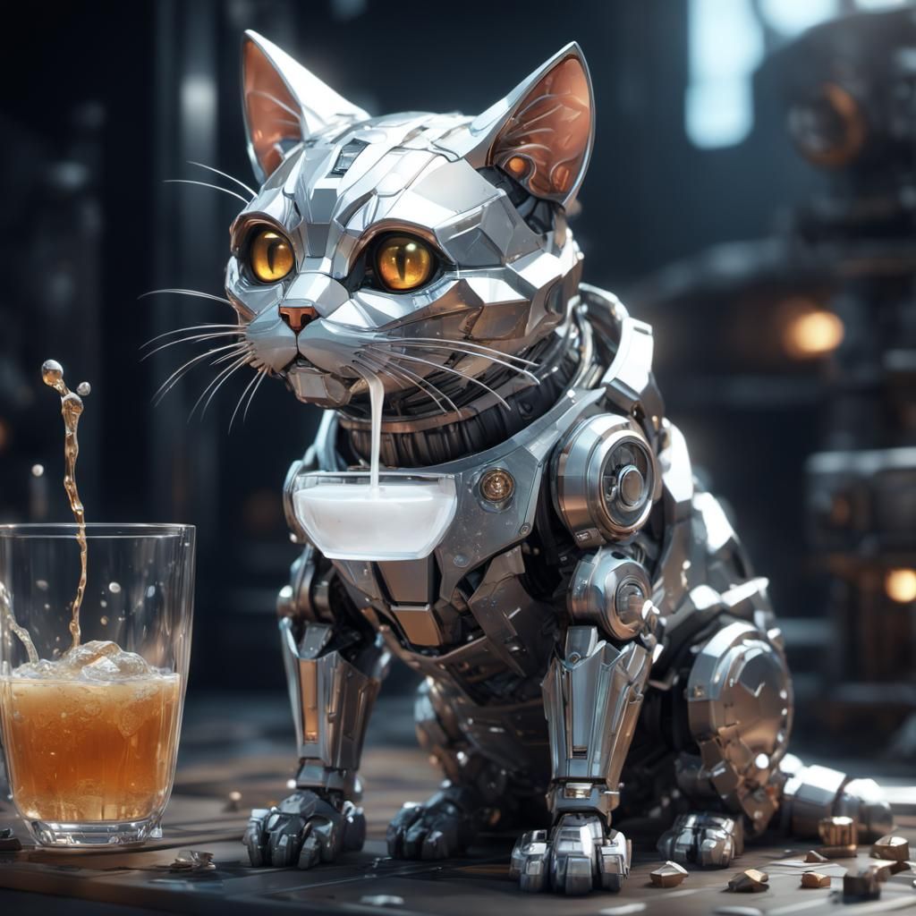 Diamond Cat Sipping Milk: Sci-Fi Steampunk