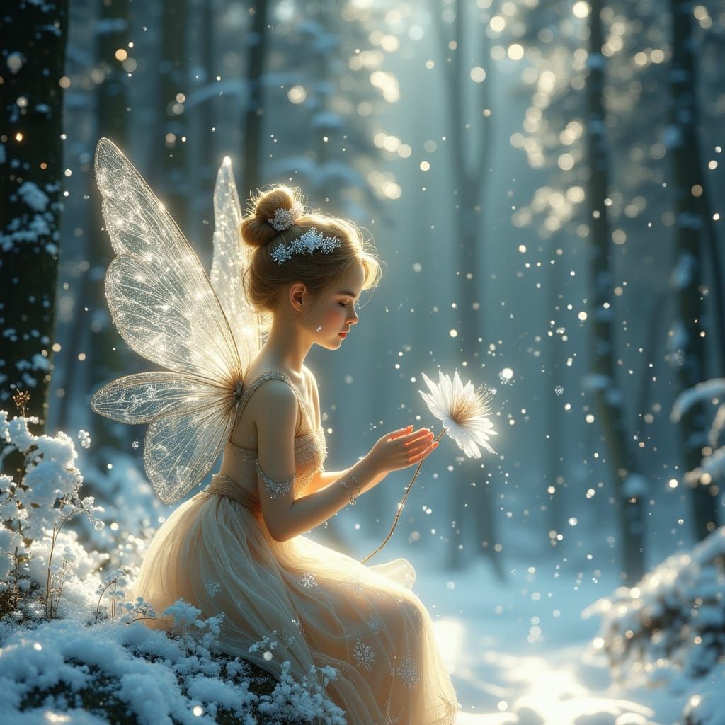 Whimsical Fairy Tends Ice Flower in Ethereal Frozen Forest